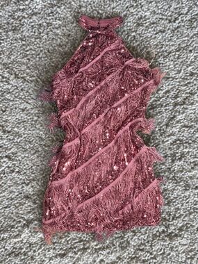 SHEIN Rose Pink Sequin Fringe Halter Dress